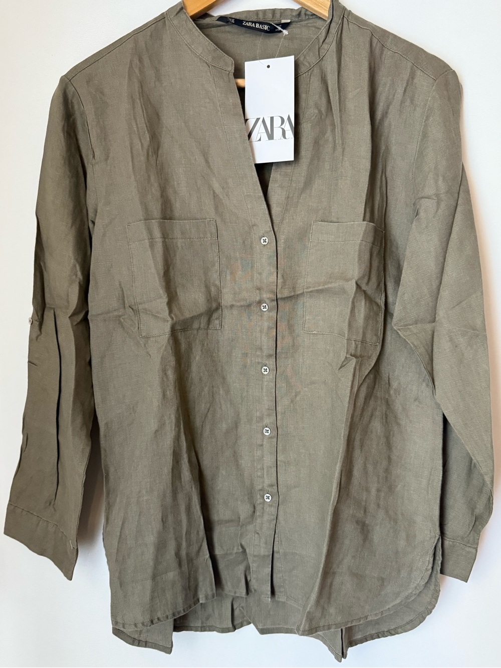 ZARA Basic Olive Green Button-Front Linen Shirt - Medium
